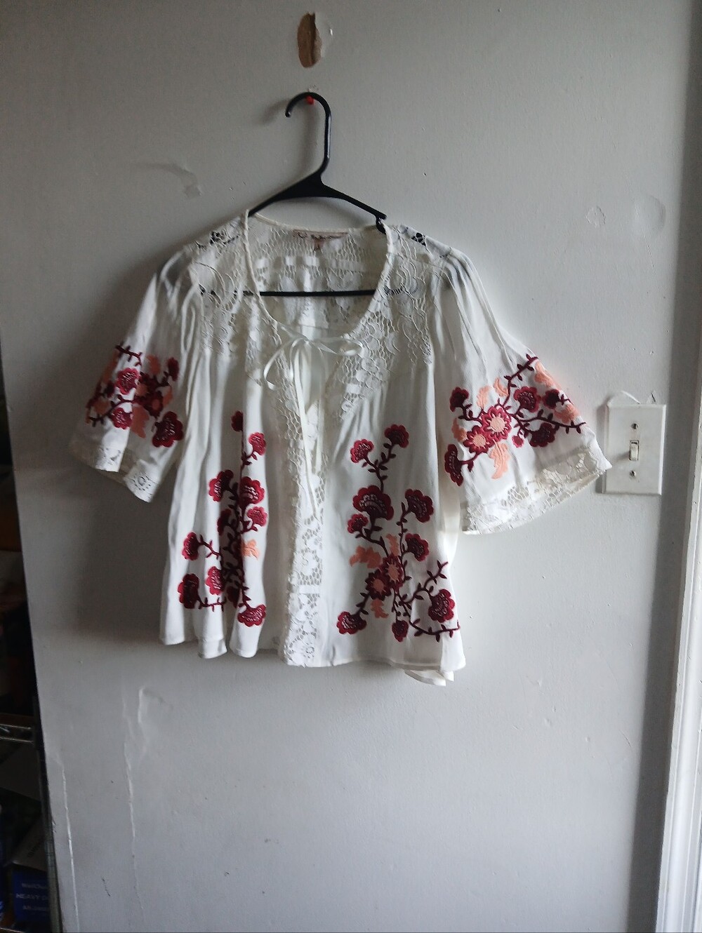 For Love And Lemons White Peasant Blouse with Red & Pink Floral Embroidery